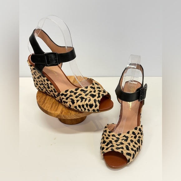 Robert Clergerie Black and Tan Wedge rattan Sandals with Ankle Strap size 8 - Picture 2 of 8